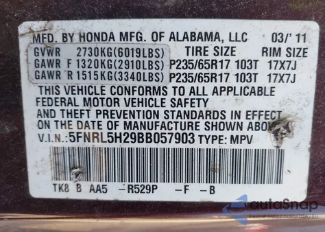 2011 Honda Odyssey Lx z USA, uszkodzony, nr VIN 5FNRL5H29BB057903